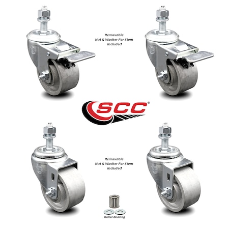 Service Caster Semi Steel Swvl TS Caster w/Roller Bearing-3" Wheel&1/2" Stems-2 w/TTL BRK, 4PK SCC-TSTTL20S315-SSR-121315-2-S-2